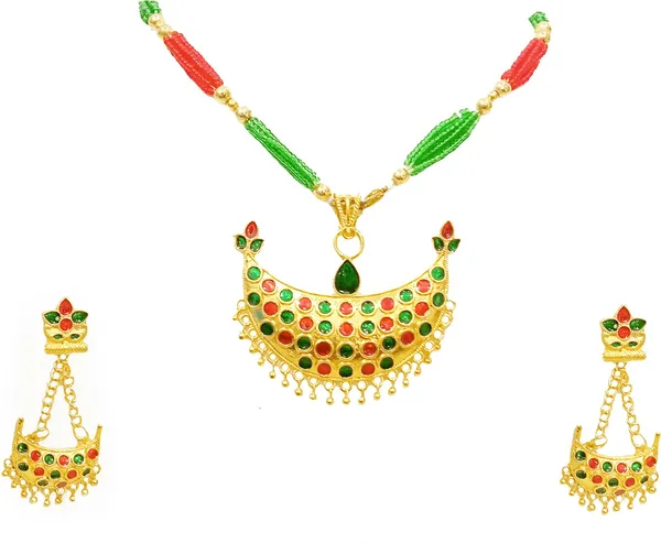 Assamese_Traditional_Red_Green_Colour_Joonbiri_Tassel_Jewellery_Set_For_Women_&_Girl